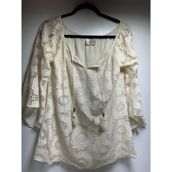 Boho Chic Women’s Blouse Sz Small Crochet White 3/4 Bell Sleeve House of Trends - Picture 4 of 10